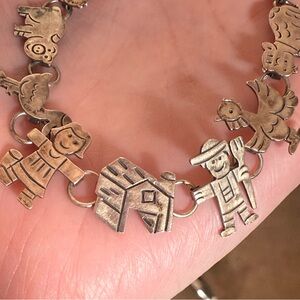 Vintage Sterling Silver Southwestern Animal Farm Folk Art  Charm Bracelet